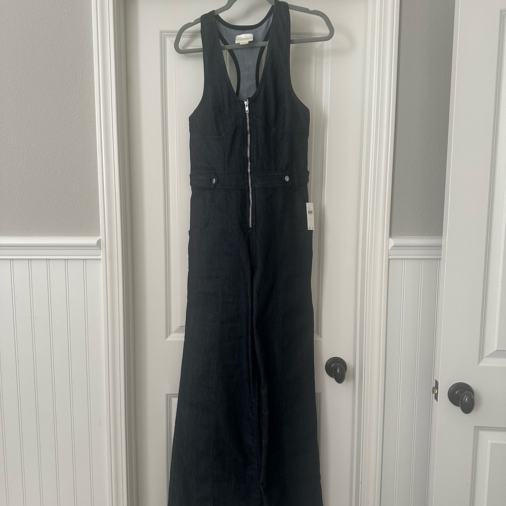 Maeve Anthropologie Sleeveless V-Neck Flare Denim Jumpsuit - Picture 4 of 7